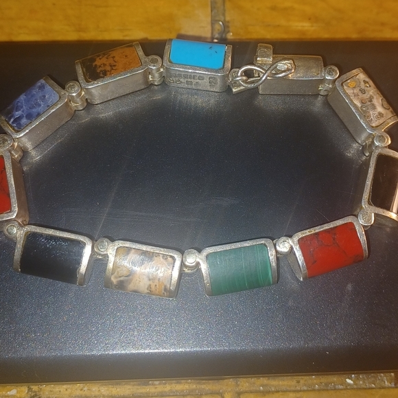 Vintage Taxco Multicolor Sterling Silver Bracelet 7.5" - Picture 4 of 8